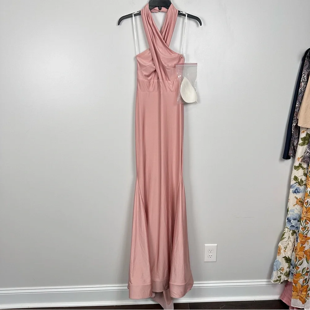 Cynthia & Sahar XIMENA Toasted Sugar CrissCross Halter Satin Mermaid Dress CS112 - Picture 4 of 9